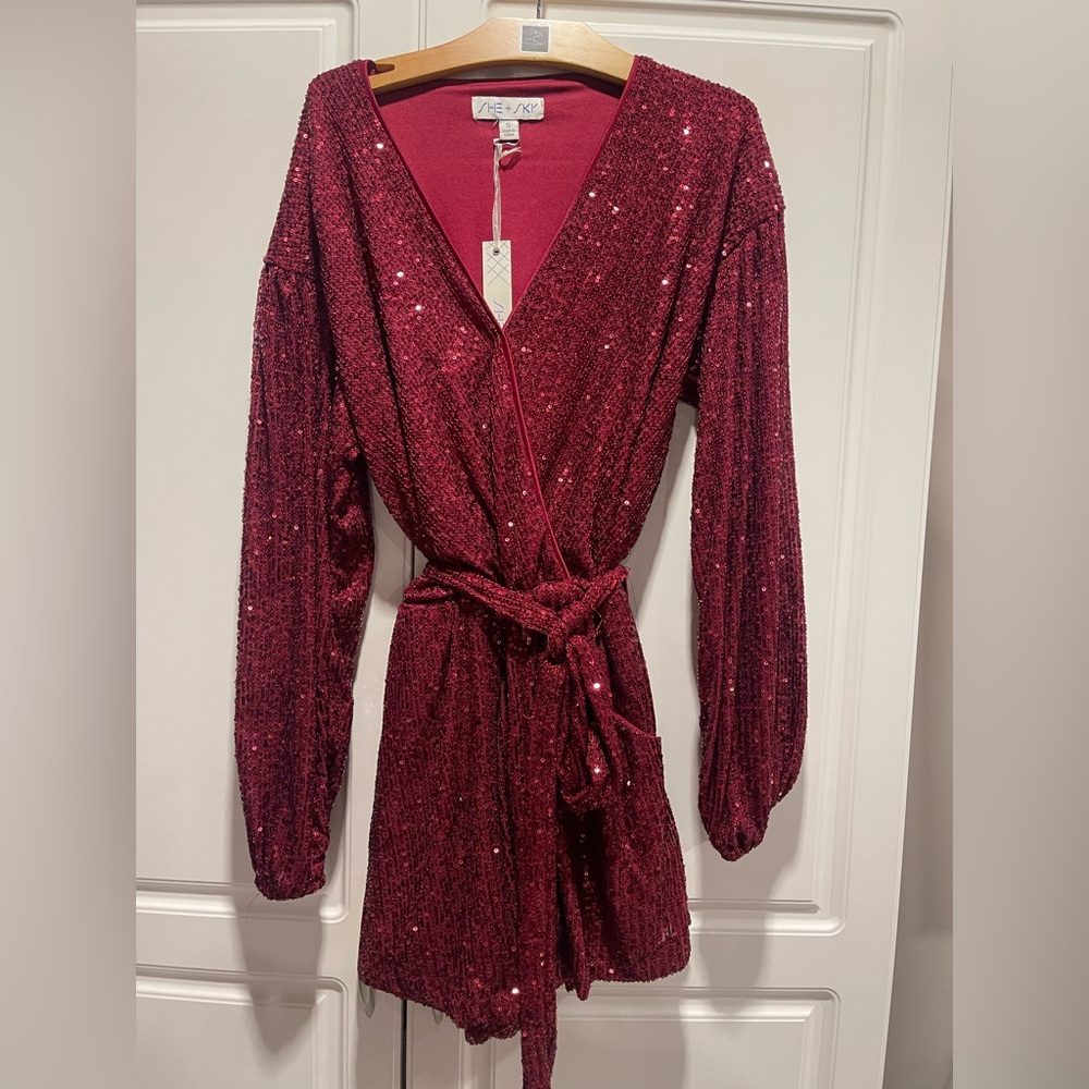 NWT Red Sequin Wrap top Romper She and Sky